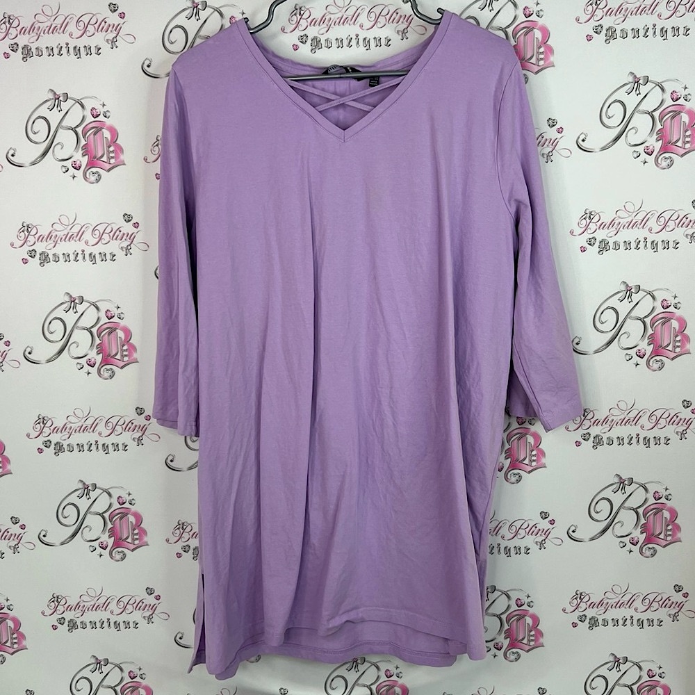 Ulla Popken long sleeve corset lace up detail front purple Lilac V-Neck Tunic